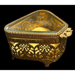 Vtg Ormolu Gold Ornate Jewelry Casket Trinket Box Filigree Hinged Beveled Glass